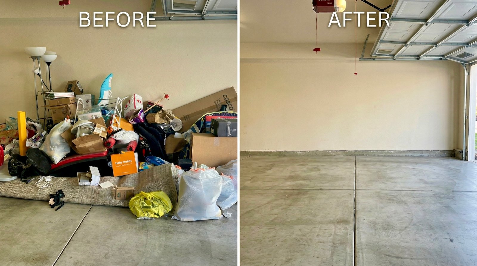 Before and after garage cleanout in Port Charlotte FL — packed garage with furniture, boxes, and clutter completely cleared