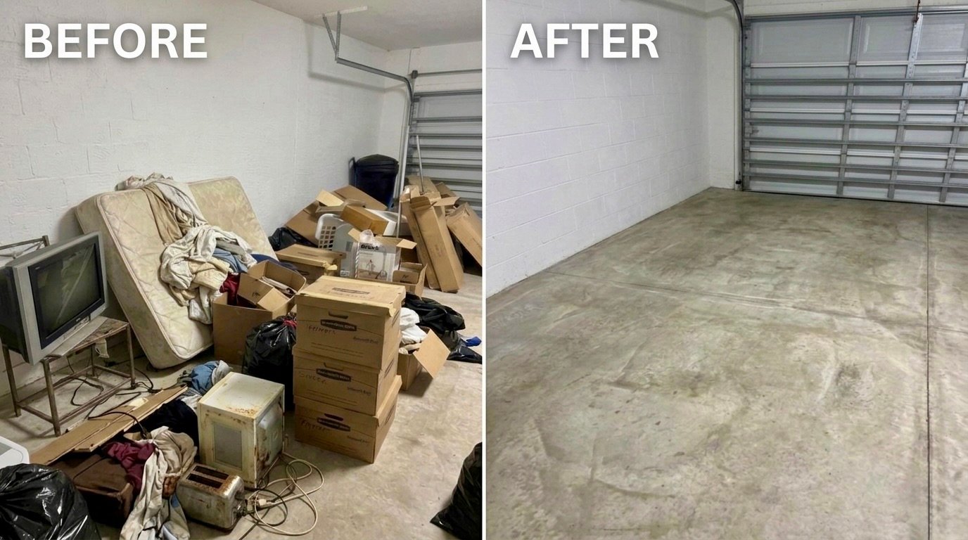 Before and after full garage haul-away in Charlotte County FL — mattress, TV, boxes, and junk completely removed